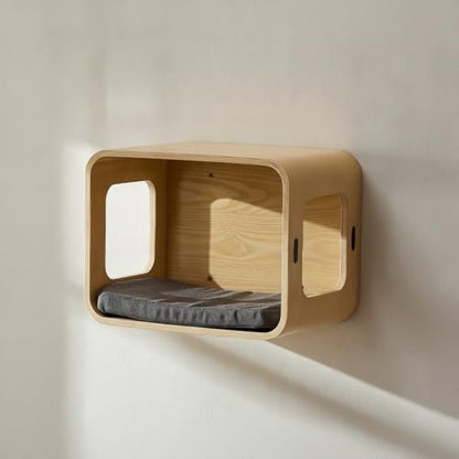 Space-Saving Wall-Mounted Cat Box | Feline Perch Bed, snug, for Small Apartments, Living Room, Cats, Walnut