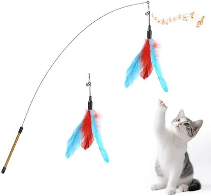 Pawaboo Cat Feather Wand Interactive Toy, 2 Feathers + 1 Wand with Bell