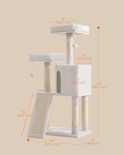 SONGMICS HOME Cat Tree, Cat Tower with Cat Cave, Scratching Ramp, Sisal Scratching Posts, Multi-Level Cat Condo for Indoor Cats, White