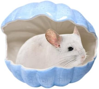 Small Animal Hideout Extra Large Ceramic Shell Shape Guinea Pig House Chinchilla Igloo Habitat Hut Cave Summer Bed Cage Accessories for Hedgehog Rabbit Hamster Gerbil Rat (XL (9.5''x7''x7.9''), Blue)