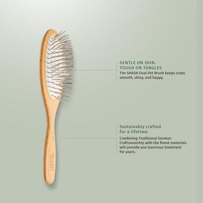 Since 1869 Hand Made In Germany - SHASH Oval Pet Brush With Long Metal Pins With Rubber Cushion - Helps Detangle Knots, Eliminate Frizz, Reduce Pulling & Snagging (Short Steel Pins)