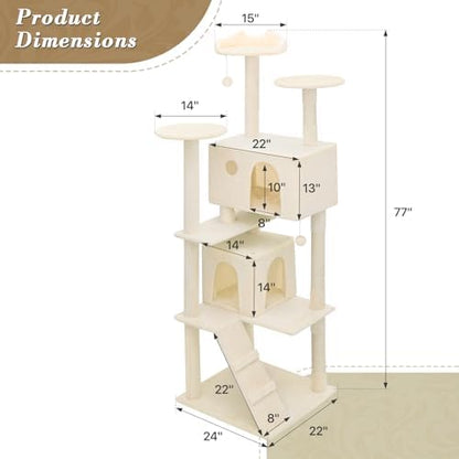 Athena Collection Modern Cat Tree Tower, 77 Inch Tall Cat Tree Climbing Tower with Scratching Post 2 Condo Multi-Level Activity Center and Playing Ball for Indoor Large Adult, Beige