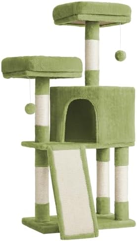 Feandrea Cat Tree, 45.3-Inch Cute Cat Tower, Plush Climbing Condo, Green