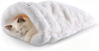 Self Warming Cat Cave Bed Double-Layer Faux Fur Sleeping Bag White