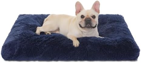 Bedfolks Waterproof Dog Crate Bed, Plush Dog Pad, 35"x23", Solid Dark Blue