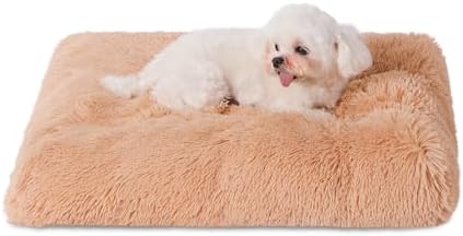 Bedfolks Plush Waterproof Dog Crate Bed, Removable Washable Cover, Faux Fur, Fluffy Kennel Bed 23"x18", Camel
