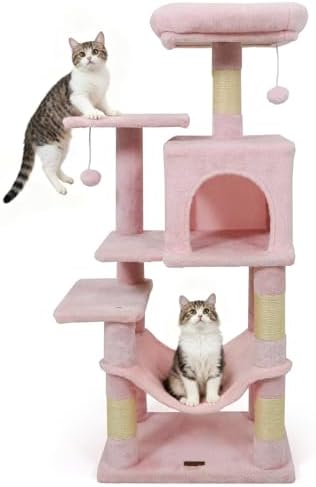 DORTALA Cat Tree for Indoor Cats, 44" Modern Cat Tower with Top Perch, Condo, Hammock, Sisal Scratching Posts, Dangling Balls, Platforms, Multi-Level Pet Climbing Furniture Playground (Pink)