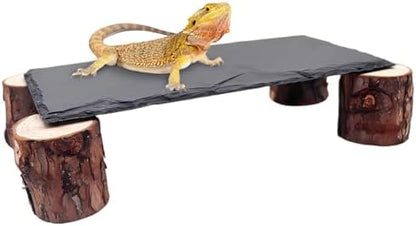 Bearded Dragon Basking Platform, Slate Rocks for Reptiles with Wooden Pile, Leopard Gecko Hides and Caves, Reptile Tank Accessories for Bearded Dragons, Geckos, Ball Pythons, Tortoise (Black, Small)