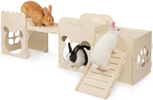 Extra Large Rabbit Castle, Wooden Bunny House & Training Bridge, Detachable Rabbit Hideaway, Indoor Hamster Castle with Ramp, Small Animal Houses & Habitats for Guinea Pig Chinchilla Ferret(2+1 House)