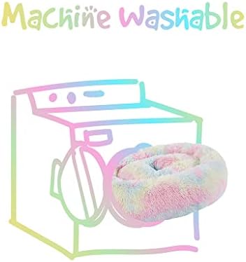 Friends Forever Donut Dog Bed Faux Fur Fluffy Calming Sofa For Small Dogs, Soft & Plush Anti Anxiety Pet Couch For Dogs, Machine Washable Coco Pet Bed with Non-Slip Bottom, 23"x23"x6" Rainbow