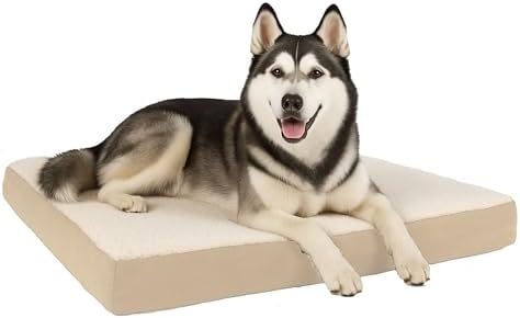 Orthopedic Dog Bed - 2-Layer Memory Foam Crate Mat with Machine Washable Sherpa Cover - 44x35 Pet Bed for Large Dogs up to 100lbs by PETMAKER (Tan)