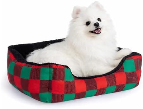 Hollypet Printed Flannel Rectangle Plush Dog Cat Bed Self-Warming Pet Bed, Christmas Red and Green Check