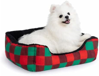 Hollypet Printed Flannel Rectangle Plush Dog Cat Bed Self-Warming Pet Bed, Christmas Red and Green Check