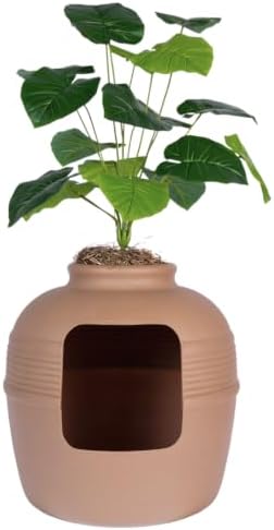Good Pet Stuff Original Hidden Litter Box Planter, Decorative Cat Litter Enclosure, Carbon Filter, Faux Plant, Round Design, Easy to Clean, Base Kit, Broad Leaf Philodendron, Terracotta Brown