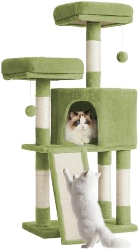 Feandrea Cat Tree, 45.3-Inch Cute Cat Tower, Plush Climbing Condo, Green