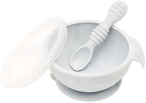 Bumkins Baby Bowl, Silicone Baby Feeding Set with Suction for Baby and Toddler, Includes Spoon and Lid, First Feeding Set, Essential for Baby Led Weaning for Babies 4 Months, Marble