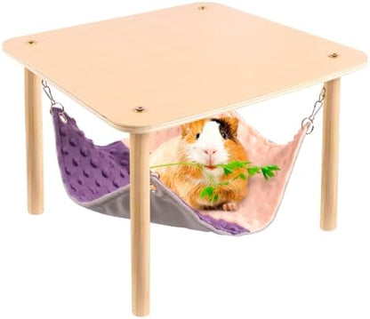 BESNEW Enlarged Guinea Pig Hammock with Wooden Stand,Small Animal Hanging Bed Large Platform for Guinea Pigs Bunny Ferret Hamster Hiding Sleeping 13L x 13W x 11H in