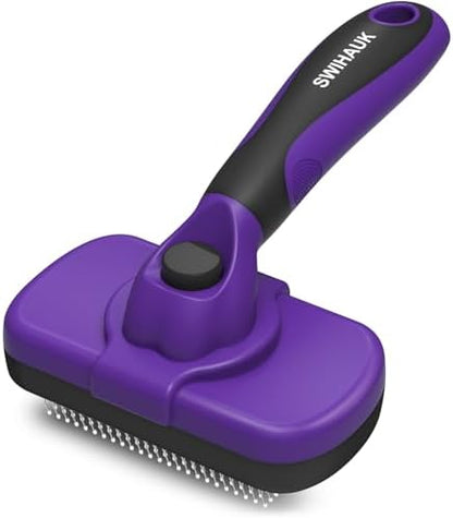 Swihauk Self Cleaning Slicker Brush for Dogs & Cats, Skin Friendly Pet Grooming for Shedding, Deshedding, and Hair Removal - Puppy Brush for Long Haired Pets, Pet Supplies, Purple