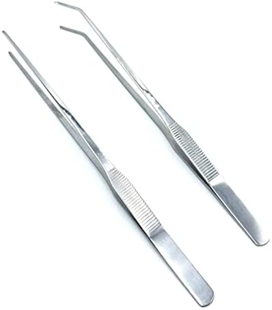 2PCS Aquarium Tweezers Stainless Steel Straight and Curved Tweezers Set Long Handle Reptile Feeding Tongs for Aquatic Plants Lizards Spider Snakes Garden Repairing - 10.6inch, Silver