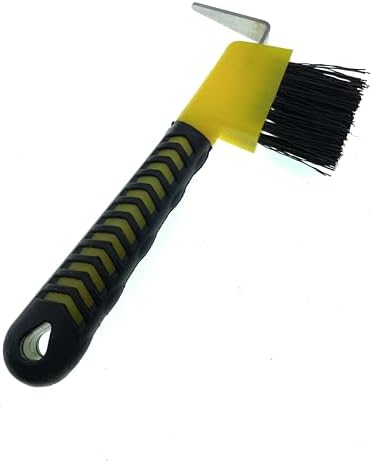 Horse Hoof Pick with Brush - Non-Slip Ergonomic Handle, Heavy-Duty Steel Pick & Stiff Bristles - Removes Dirt, Mud & Rocks - Horse Grooming Tool for Daily Hoof Care (Yellow)