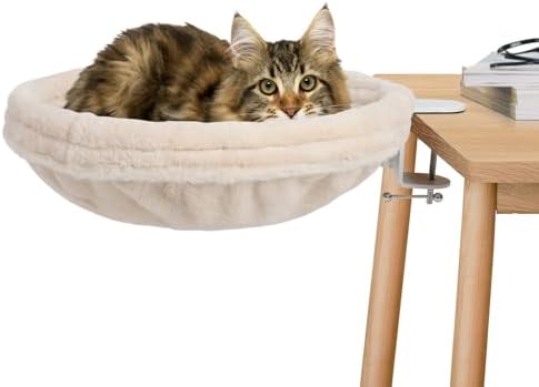 Cat Desk Bed, Round Cat Bed for Desk，Adjustable Steel Frame, Indoor Desk Perch for Cat up to 25 lbs, Unique and Modern Cat Furniture（Cream）