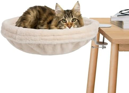 Cat Desk Bed, Round Cat Bed for Desk，Adjustable Steel Frame, Indoor Desk Perch for Cat up to 25 lbs, Unique and Modern Cat Furniture（Cream）