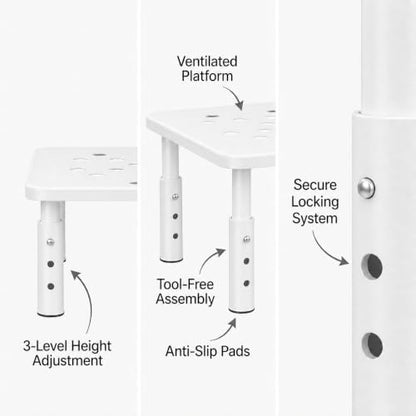 Raised Automatic Cat Feeder Stand for Double Bowl Feeders, Carbon Steel 14.57 x 9.25 in, 3 Adjustable Heights 4.13-5.71 in, Non-Slip, Fits Feeders & Water Dispensers, No-Drill (White)