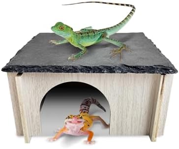 PINVNBY Bearded Dragon Basking Platform, Wood Reptile Hides and Caves, Crested Gecko Hide with Slate Rock, Leopard Gecko Tank Accessories for Small Lizard Snake Turtle (S: 5.9x5.9 inches)