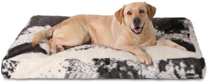 Bedfolks Waterproof Crate Bed, Plush Dog Kennel Pad with Removable Washable Cover, Faux Fur, Fluffy 47"x29", Black-White Cowhide