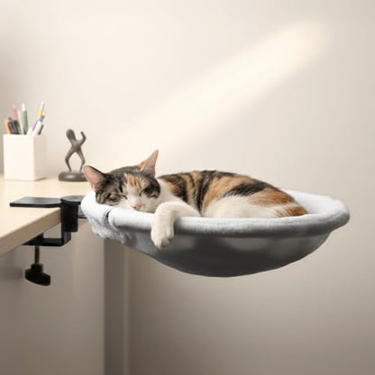 Adjustable Cat Desk Bed, Sunken Design Cat Hammock, Supports Up to 50 lbs, Sturdy Metal Frame with Secure Clamp, Removable Faux Rabbit Plush Cover, Perfect for Home or Gaming Desk (White, XL)