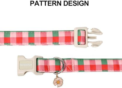 Lionet Paws SpringDog Collar- Red Pink Green Plaid Dog Collars with Plastic Buckle and Daisy Pendant,Light Winter Dogs Collar for Medium Large Dogs
