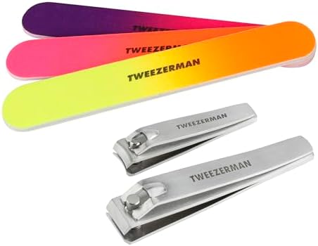 Tweezerman Stainless Steel Nail Clipper Combo Set with 3 Nail Files Neon