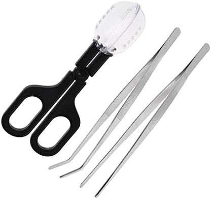 3in1 Feeding Tool Reptile Feeding Tongs Cricket Clamp Bug Scooper, Cleaning Supplies Scooper+ 2x Tweezers for Reptile, Hedgehog, Hamsters, Guinea Pig,Lizard, Spider Bearded Dragon (Black)