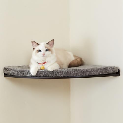 LIORCE Wall Mounted Corner Cat Bed - Cat Shelf with Comfortable Cushion - Minimalistic Cats Furniture for Indoor Cats - Climbing Perch for Wall, Walnut