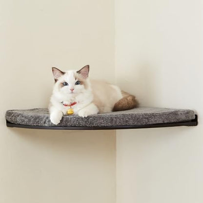 LIORCE Wall Mounted Corner Cat Bed - Cat Shelf with Comfortable Cushion - Minimalistic Cats Furniture for Indoor Cats - Climbing Perch for Wall, Walnut