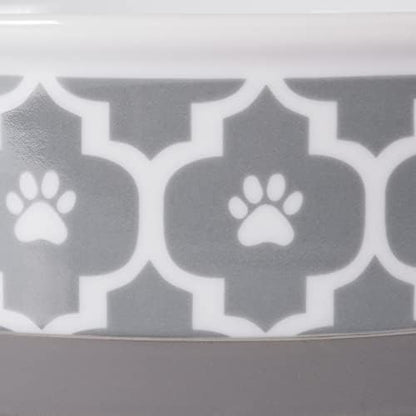 Bone Dry Paw Print Ceramic Pet Bowl, Lattice Collection, Medium Set, 6x2", Gray, 2 Count