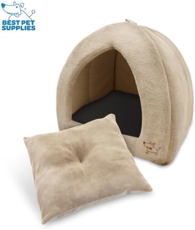 Best Pet Supplies Cat Bed for Indoor Cat, Domed Tent House with Removable Pillow, Covered Cat Cave for Small Dog, Puppies and All Breeds of Cats - Tan, 19 x 19 x H:19"