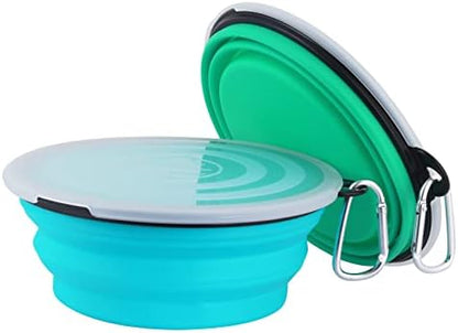 SLSON Dog Bowls Pet Collapsible Bowl with Cover Lids, 2 Pack, Light Blue and Green, Large