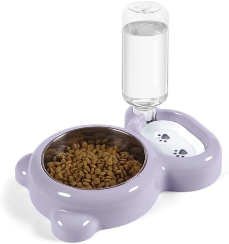 Dog Bowls, Cat Food and Water Bowl Set with Water Dispenser and Stainless Steel Bowl for Cats and Small Dogs - Purple