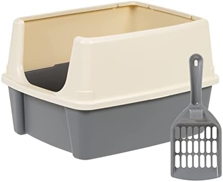Amazon Basics Large Cat Litter Box with High Sides, Open Top for Easy Access, Includes Scoop with Storage, 19" x 15" x 11.75", Grey/Beige