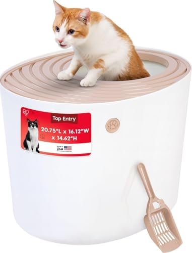 IRIS USA Large Top Entry Cat Litter Box, Hooded Privacy, Beige/White