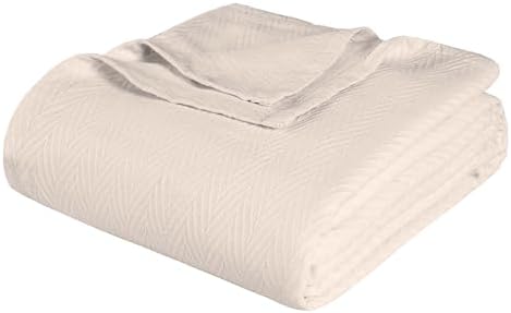 Superior Metro All-Season Cotton Blanket, Woven Blanket for Couch, Bed, Bedding, Farmhouse, Home Essentials, Cute and Cozy Bohemian Blankets, Herringbone Weave, Twin Size, Ivory