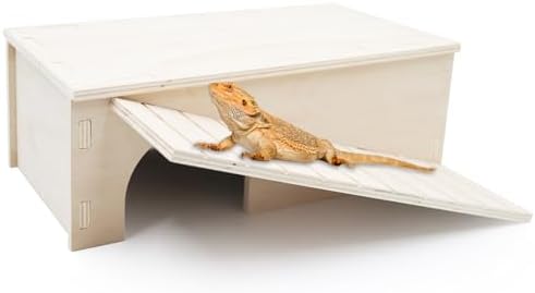 Oooct Bearded Dragon Hide Cave, Wooden Lizard Hideout with Climbing Ramp, Reptile Habitat with Basking Platform, Tank Accessories for Bearded Dragon Lizard Chameleon Hamster 12.9 × 11 × 4.7 Inch