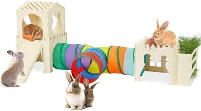 Extra Large Rabbit Hideout, Wooden Bunny Castle with Tunnel and Stair, Rabbit House Tower with Hay Feeder Sturdy Habitat for Guinea Pig Chinchilla Ferret Hamster