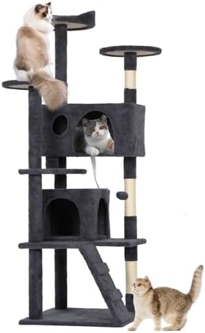 BestOffice 62 Inch Cat Tree, Multi-Level Cat Tower with Condo, Perches, Sisal Scratching Posts, Climbing Ladder,Indoor Activity Center Play House for Kittens & Adult Cats, Dark Gray