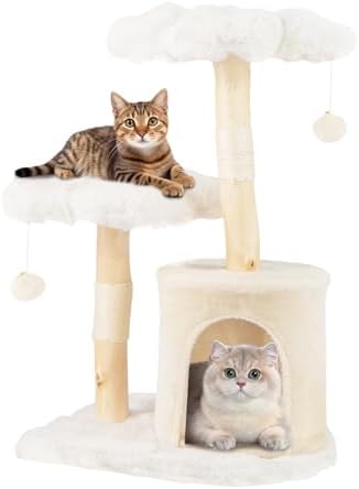 PETSITE 32 Inch Wood Cat Tree, Multi-Level Small Cute Cat Tree with Sisal Scratching Posts, Cat Condo, Soft Long Plush Covered Perches, and Dangling Balls