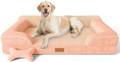 CWAWZ Jumbo Dog Bed for Extra Large Dogs, Orthopedic Dog Bed with Cooling Gel Memory Foam, Waterproof Pet Bed with Removable Washable Cover, 45" Pet Sofa Couch Dutch Velvet with Bone Toy, Peach Pink