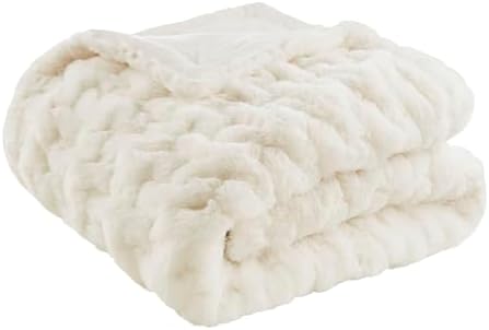 Madison Park Ruched Fur Luxury Throw Premium Soft Cozy Brushed Long Faux Fur For Bed, Couch or Sofa , 50x60" , Ivory