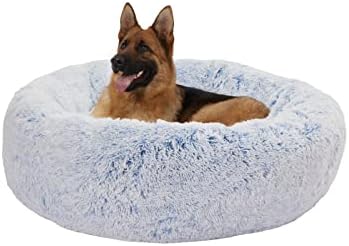 Bedfolks Calming Fluffy Donut Dog Bed for X-Large Dogs,Light Blue,45" Round
