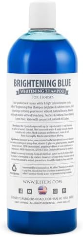 Jeffers Equine Brightening Blue Whitening Horse Shampoo, 32 oz – Grooming Shampoo with Coconut Extract, Aloe & Shea Butter for Coat, Mane & Tail, Removes Tough Stains, Safe for White & Light Coats